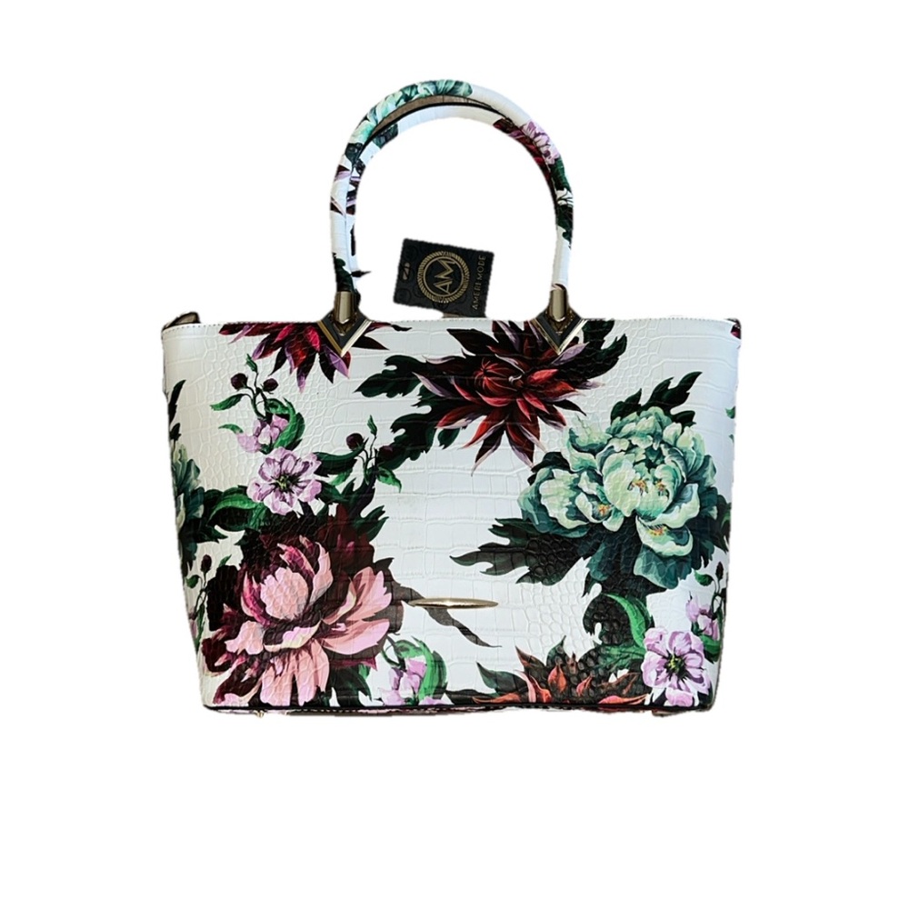 Ameri Mode White Floral Medallio Handbag Tote Bag NWT!